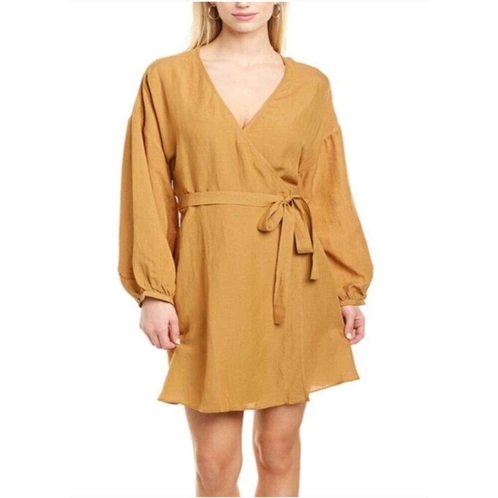 Madewell Linen-Blend Toffee Mustard Yellow Balloon-Sleeve Wrap Dress M